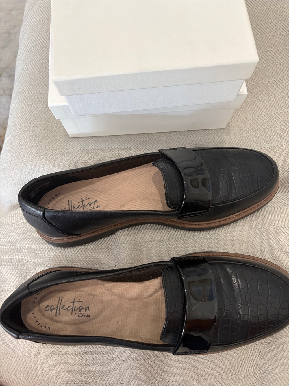 Black Clarks-Embossed Leather Loafers
